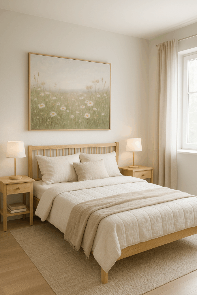Schlafzimmer im Skandi-Stil, mit einem Bett aus Holz und passenden Nachttischen, In Beige und Weißtönen