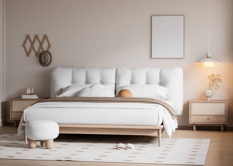 Schlafzimmer in Naturtoenen mit Teppich unter dem Bett und sanftem Licht