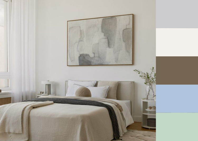 Foto eines Schlafzimmers mit Feng Shui Farbpalette: gedecktes Grau oder Beige, Blau oder Grün mit wenig Gelbanteilen, Braun symbolisch für natürliche Materialien wie Holz.