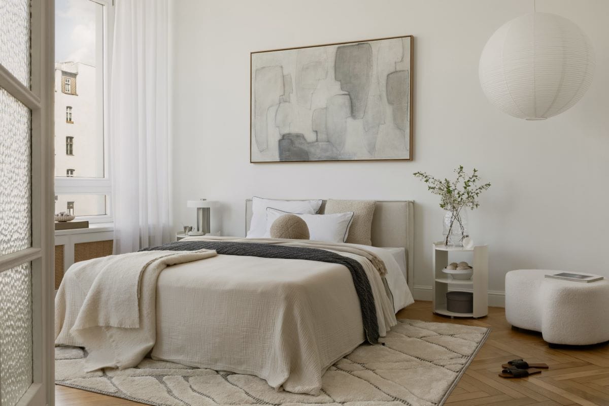 Ruhiges Schlafzimmer in Beige- und Grautönen mit großem abstrakten Wandbild, gepflegtem Bett Nachttischen auf beiden Seiten