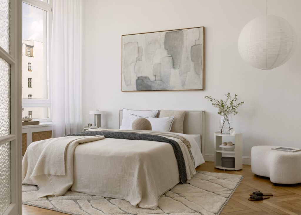Ruhiges Schlafzimmer in Beige- und Grautönen mit großem abstrakten Wandbild, gepflegtem Bett Nachttischen auf beiden Seiten