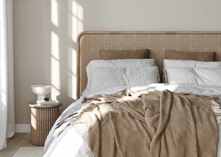 Bett aus Holz mit mehreren unifarbenen Textilien und rundem Nachttisch mit Lampe