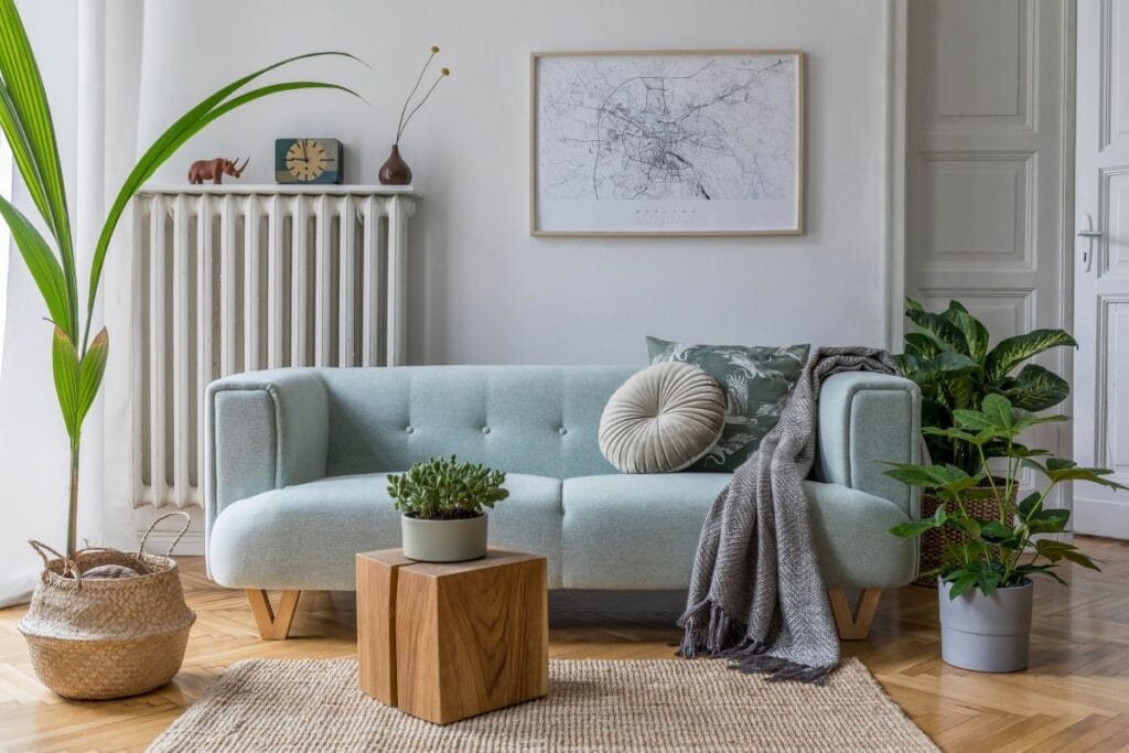 Wohnzimmer mit türkisfarbenem Sofa, großen Pflanzen auf jeder Seite und einem eckigen Beistelltisch aus Holz.
